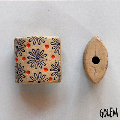 Flowers, purple & orange on light clay, size XL