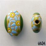Light Blue Flowers, stoneware almond bead size M