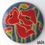 round cabochon, red poppies on blue