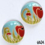 2 small round cabochons, red poppies on light blue