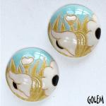 2 small round cabochons, white poppies, light blue
