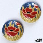 2 small round cabochons, red poppies on blue