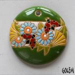 round , ladybug and flowers on green