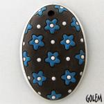 Oval dark pendant, neon blue flowers