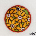 Yellow flowers on green, round pendant