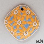 Yellow flowers on blue, oval diamond pendant