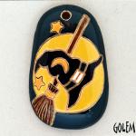 Oval pendant, Hat, Broom, Moon on dark teal