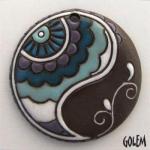Paisley, large round, aqua on dark