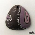 Paisley, domed triangle, purple on dark clay