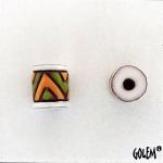 Green & yellow pattern, terracotta barrel bead