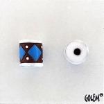 Blue diamonds/white dots - terracotta barrel bead